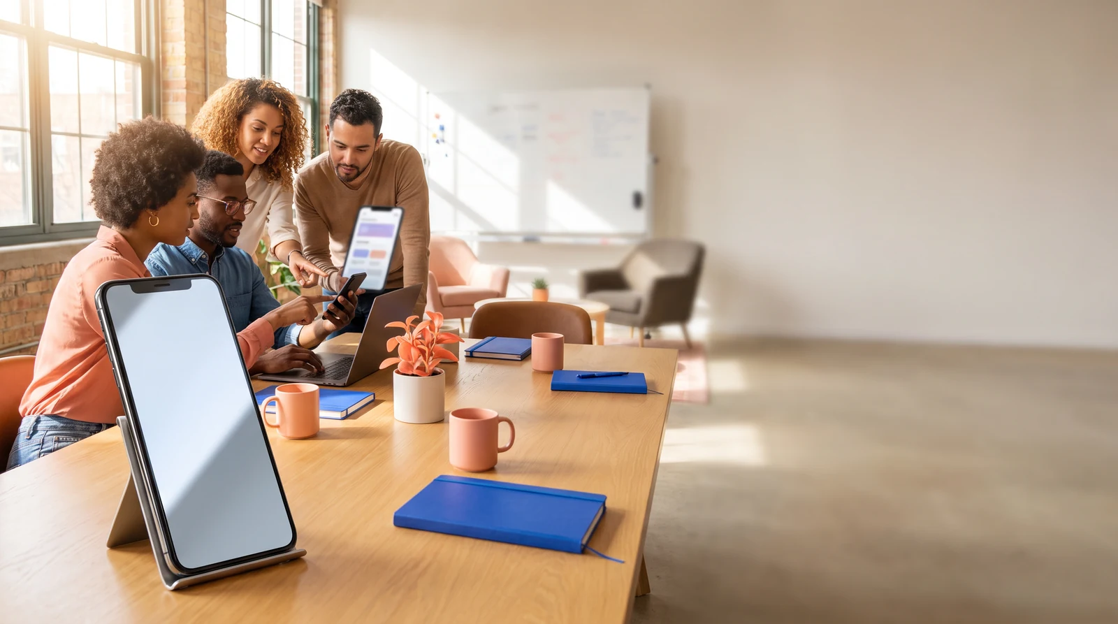 A team reviewing a mobile interface prototype