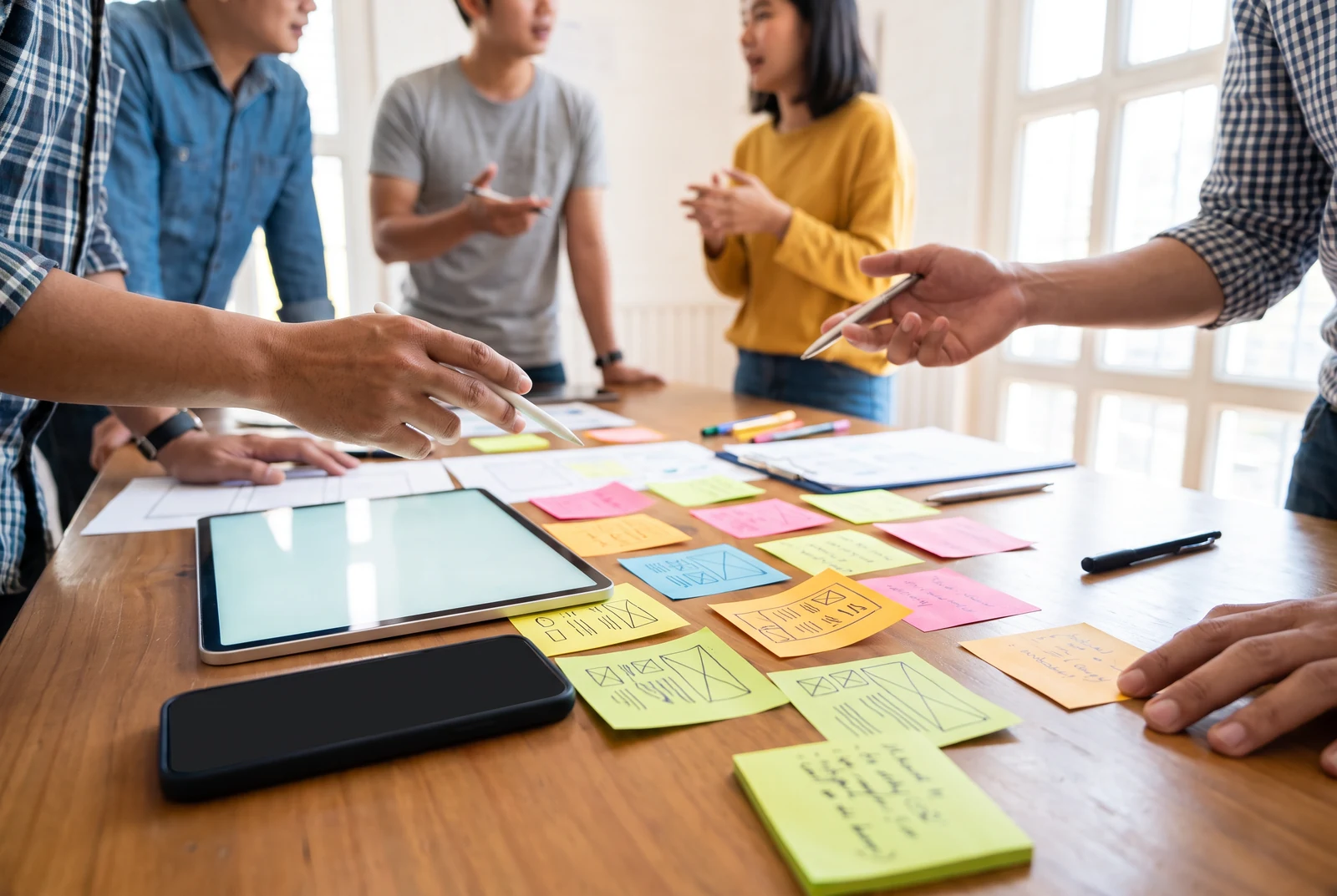 A team discussing a mobile product flow